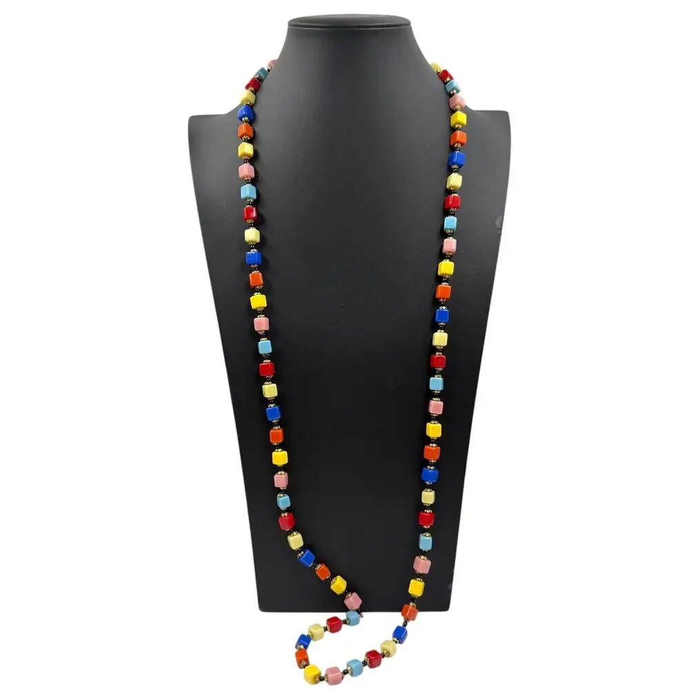 Vintage Czech Glass Cube Bead Harlequin Long Strand Art Deco Rainbow Necklace